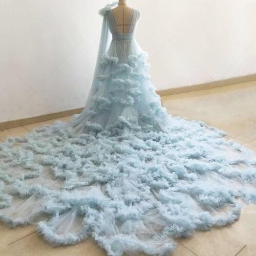 Ladies Ruffle Tulle Dress Perspective Sheer Puffy Bridal Robes Sleepwear Wedding Dressing Gown Pregnancy Photoshoot Dress
