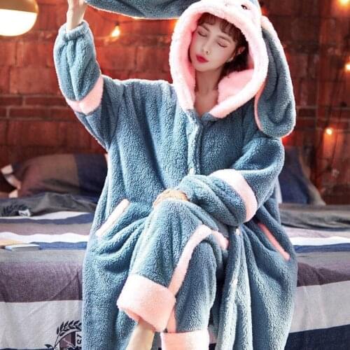 Winter Flannel Pajamas Sets For Women Thick Warm Long Sleeve Pyjamas Plus Size Hooded Cute Rabbit Ears Homewear Nightie