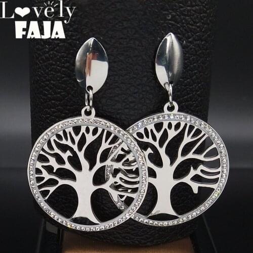 2021 Fashion Tree Of Life Stainless Steel Crystal Earrings Women Silver Color Studs Earring Jewelry pendientes cristal E612751