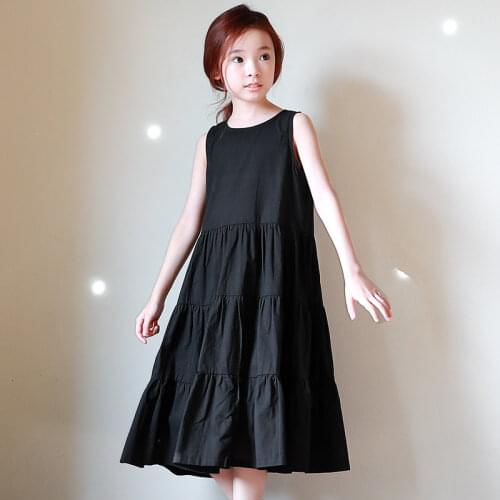 2021 Teenage Girl Clothes Dresses Sleeveless Black 100% Cotton Maxi Long Sundress Little Girls Dress Summer Spring Children