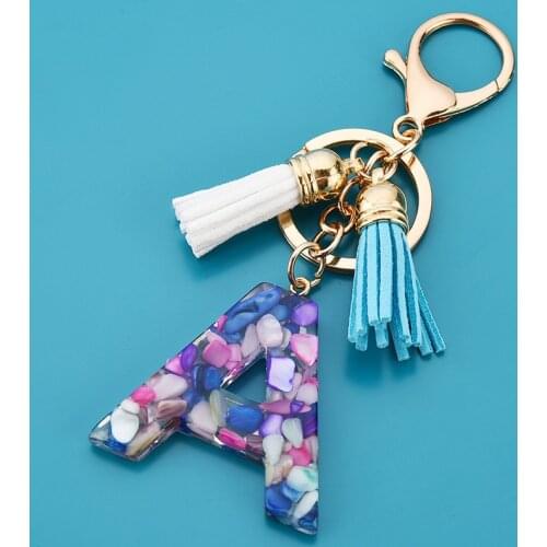 26 Letters Leather Tassel Pendant Keychains Resin Key Chains Rings for Women Cute Car Acrylic Glitter Keyring Holder Charm