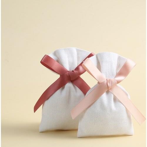 50pcs White Cotton Burlap Jewelry Bag with Ribbon Custom Logo Can Choose Ribbon Color Pouch for Wedding Christmas Candy Gift Bag