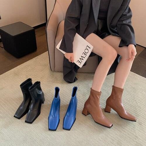 Blue Square Toe Women Stretch Booties Square Mid Heels Side Zipper Winter Autumn Booties Black Fashion Party Pumps Shoes Woman