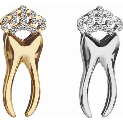 Fashion Tooth Brooches For Women Dress Lapel Pin With Crystal Crown Gold Sliver Teeth Dentist Jewelry Button Badges Kids Gifts