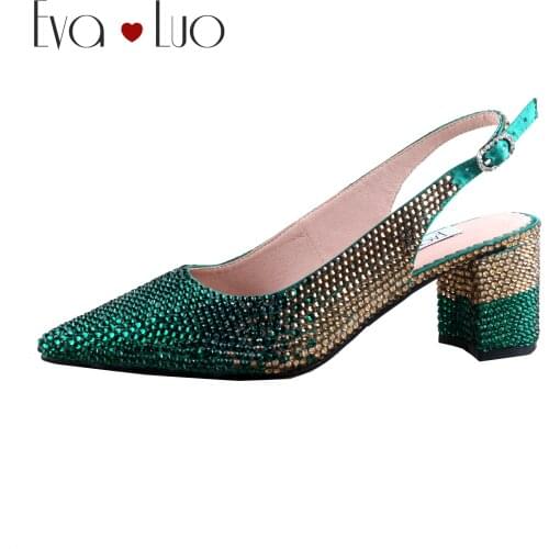 CHS1156 Custom Made Green Gold Crystal bowtie Pointed toe Shoes Slingbacks Block Heel Women Bridal wedding Shoes