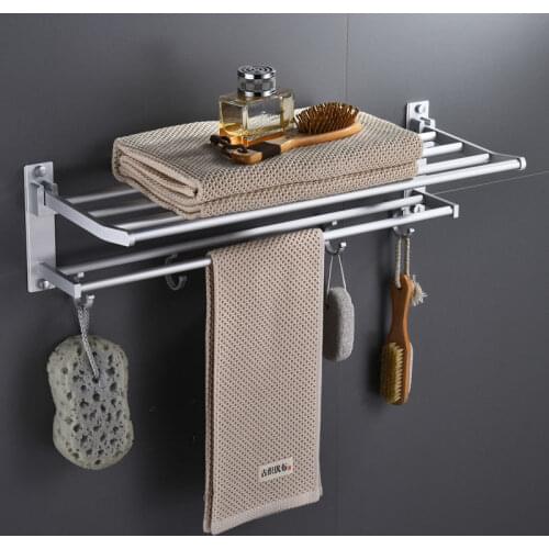 Towel Holder Space Aluminum Bathroom Towel Rack Wall Hanging Bathroom Accessories Punch-Free Shelf Folding Towel Rail Hardware