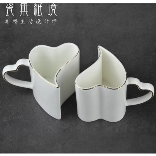 Creative ceramic heart-shaped couple cup household mug office water milk coffee white smiple bone china cup festival gift