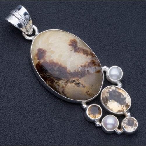 Natural Dragon Septarian,Citrine and River Pearl Punk Style 925 Sterling Silver Pendant 2 1/2" P0796