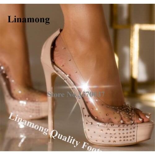 Linamong Charming Peep Toe PVC Patchworl Rhinestone Stiletto Heel Pumps Nude Black Gold High Platform Crystal Transparent Heels