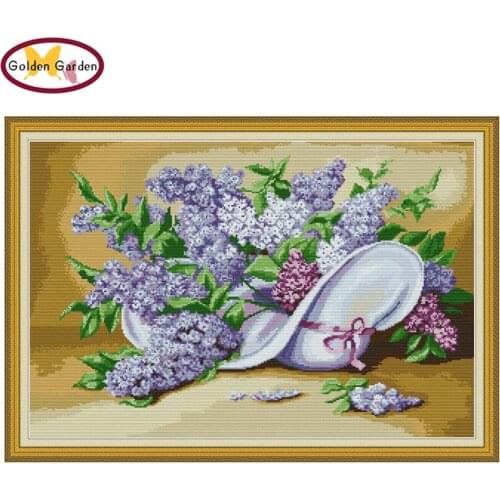 GG Lilac and Millinery Cross Stitch Pattern Embroidery Needlework Set Chinese Joy Sunday Cross Stitch Stamped Kit for Home Decor