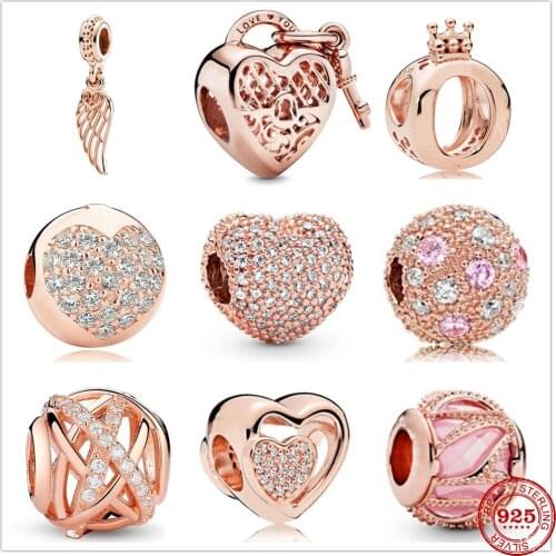 New Pink Love Heart Clip White Zirconia Beads Rose Charm fit Original Pandora charms Silver 925 bead Bracelet DIY Women Jewelry