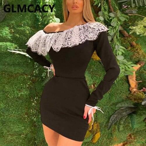 Long Sleeve Lace Insert Slim Bodycon Mini Dress