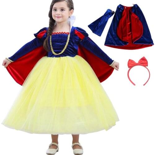 Girls Princess Dress Snow White Costume Party long Sleeves Deluxe Costume Dress-Up Set
