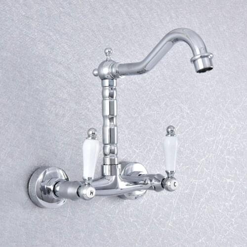 Polished Chrome Dual Handles Bathroom Kitchen Sink Faucets Wall Mounted Swivel Spout Two Holes Kitchen Mixer Taps Nsf775