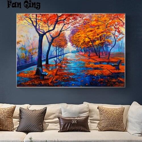Full Round 5D Diamond Painting Maple Forest Landscape Road Water Home Decoration Gift Rhinestone Embroidery DIY Mosaic