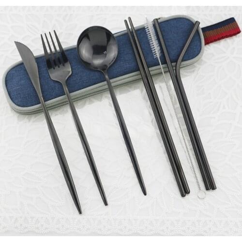 8pc Portable Shiny Black Travel Dinnerware Set Stainless Steel Cutlery Set Knife Fork Spoon With Chopsticks Straws Flatware Set