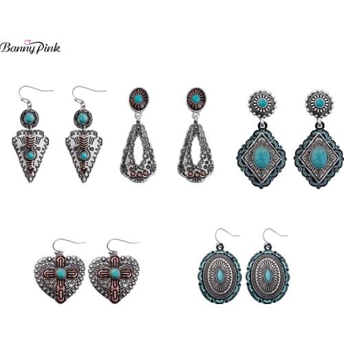 Banny Pink Vintage Heart Cross Arrow Dangle Earrings For Women Ethnic Turquoises Statement Drop Earrings Bohemia Stone Earrings