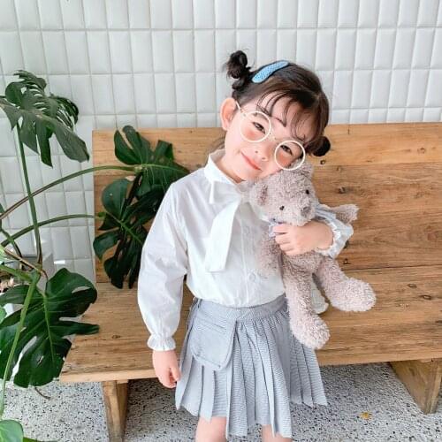 Baby Girl Long-sleeved Shirts Blouse for Girls Bow-knot Collar Tops Spring Autumn Baby School Clothes White Shirt Kids Clothing
