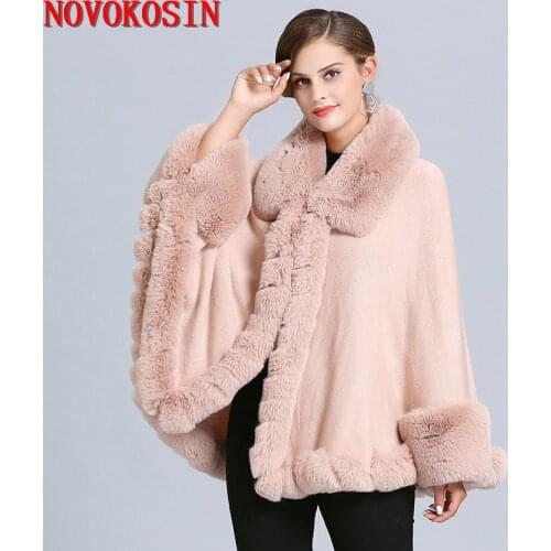 SC367 2019 Winter Warm Big Fur Neck Pink Cloak Women Hairy Cardigan Faux Fox Fur Cape Knitted Poncho With Fur Batwing Sleeves