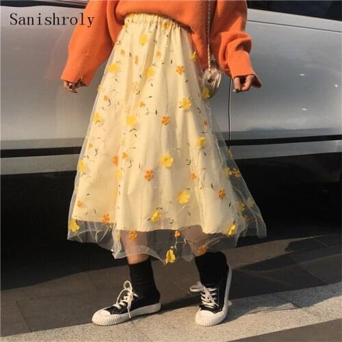 Sanishroly 2021 Spring Women Embroidery Flowers Lace Mesh Skirts Elastic High Waist A-Line Skirts Ladies Sweet Long Skirt CD139