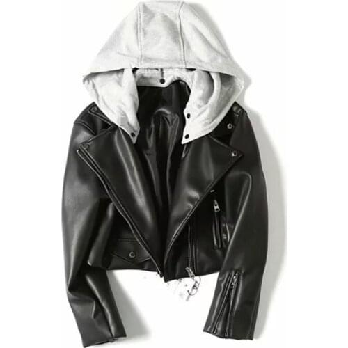 Women Black Short Slim Lapel Removable Hooded Faux PU Leather Coat Spring Autumn 2021 High Quality Streetwear Moto Biker Jacket