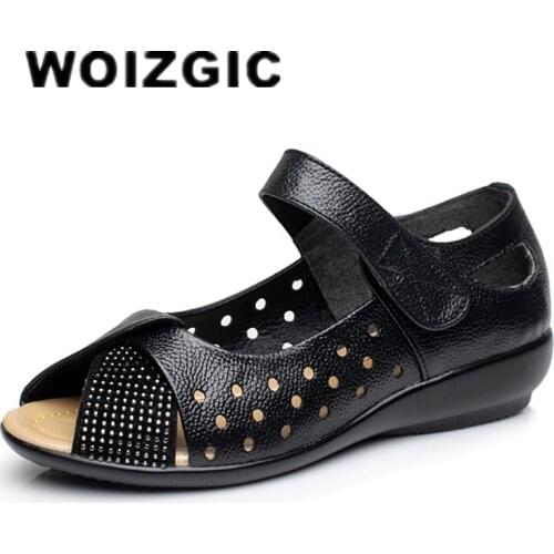 DONGNANFENG Women Female Ladies Old Mother Cow Genuine Leather Shoes Sandals Hollow Casual Summer Cool Beach Size 42 43 ZYX-187
