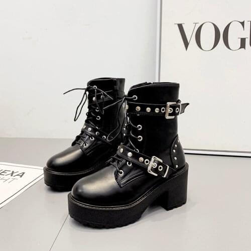 New Arrival Pearl Buckle 2020 Fall Shoes Women Ankle Boots Lace Up Block Heel Platform Boots Black Zipper Great Quality