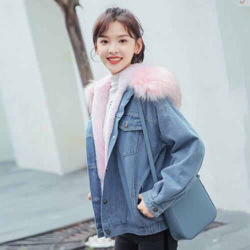 2020 Winter New Arrival Thick Women Denim Parkas Big fur Hooded Thicken Fleece Inside Long Sleeve Casual Clothing Hots