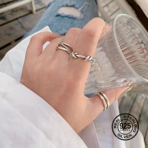 S925 Silver Rings For Women Opening Adjustable Knotted Chain Cross Retro Punk Design Men Girlfriend Fashion Jewelry Gift INEFFA