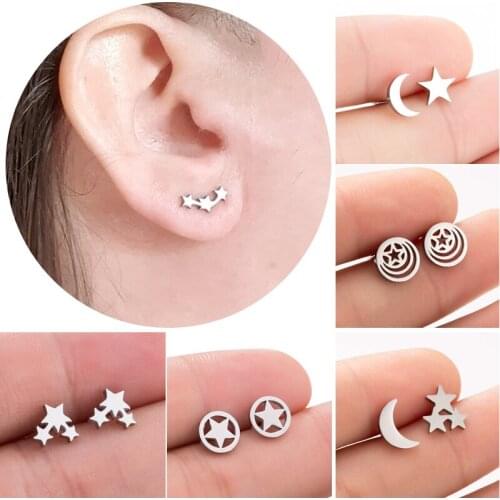 SMJEL Fashion Moon Star Earrings Korean style Tiny Three Star Stud Earrings for Women Stainless Steel Earring pendientes Gift