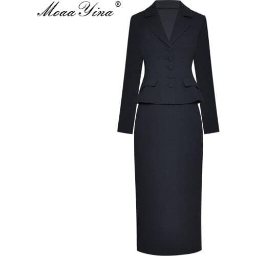 MoaaYina Fashion Designer Set Spring Womens Long sleeve Single-breasted Suit Tops+package hip skirt Elegant Two-piece set