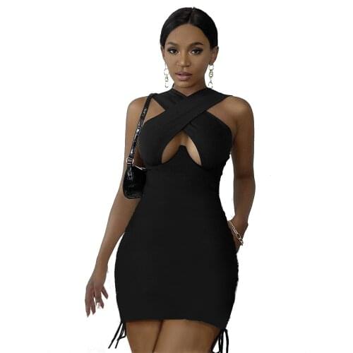 Womens Summer Dress Front Criss Cross Dresses Sexy Sleeveless Solid Color Cutout Crop Party Club Streetwear Lady Bustier Dress