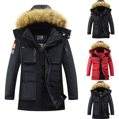 Winter Jacket Men Padded Parka Russia Man Thick Winter Coat Hooded Fur Collar Big Pockets Medium-long Thick Parkas Snowjacket