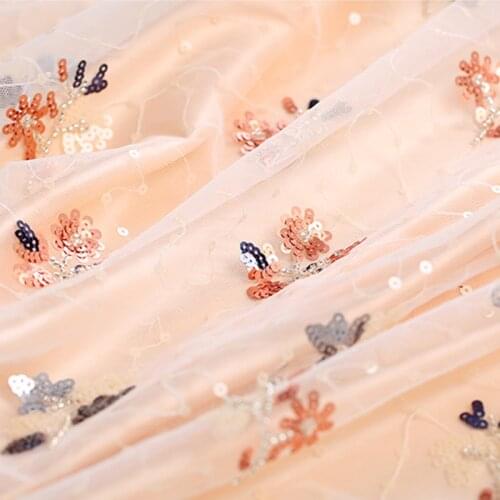 160CM Wide 160G/M Weight Paillette Beading Polyester White Net Lace Fabric for Summer Autumn Dress E1013