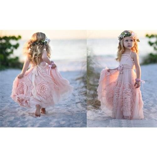 2017 Pink Girls' Dresses Performance Costumes For Party 2016 Lace Applique Ruffles Kids Formal Wear Sleeveless Long Beach Girls