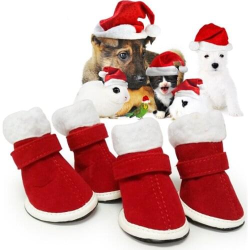4pcs anit-slip Winter Pet Dog Shoes Christmas Red Rain Snow Boots Footwear Thick Warm For Small Cats Dogs Puppy Dog Socks Bootie