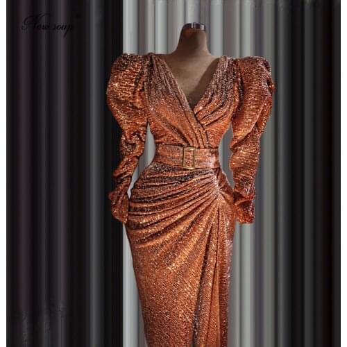 Arabic V Neck Evening Dresses Sequins Dubai Arabic Long Sleeve Formal Party Gowns 2021 Middle East Prom Dress Party Custom Made