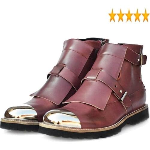 Metal Boots Punk Ankle Fashion Cow Genuine Leather Zipper Mens Shoes Male Sapato Masculino Couro Large Size Round Toe Black