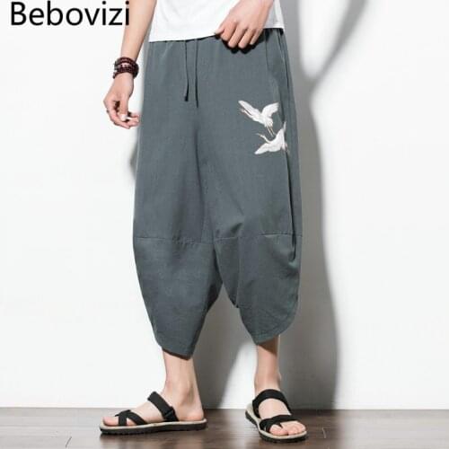 Summer Chinese Style Crane Embroidery Cotton Loose Casual Harem Pants for Men Gray Red Black Thai Japan Kimono Bloomers Kung Fu