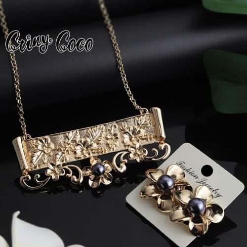 Cring Coco Hawaiian Jewelry Sets Polynesian Plumeria Flower Stud Earrings and Necklace Set Big Pendant for Women Party Wedding