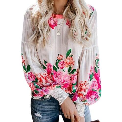 Women Autumn Lantern Sleeve Loose Shirts Bohemian Vintage Floral Print Striped Pullover Tops O-Neck Elegant Beach Vacation Blous