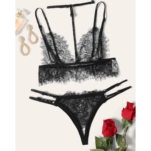 Hot Lingerie Sexy Set Lace Bow Hot Women Sleepwear V Neck Transparent Bra Set Sleeveless Intimates Lace Bralette And Panties Set