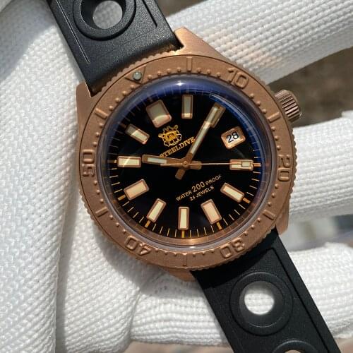 STEELDIVE SD1962S Mens Diving Watch Luminous Beads CUSN8 Bronze Bezel Bubble Sapphire Crystal NH35 Mechanical Wristwatch