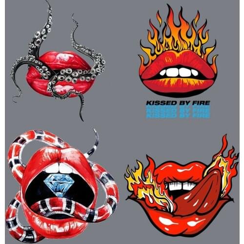 Flame Print Red Lips Patches For Clothes Heat Transfer Thermal Stickers DIY Washable T-Shirt Iron On Transfer Girls Lips Patches