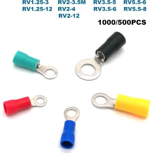 1000/500Pcs Crimp Terminals Ring Insulated Electrical Wire Connector RV1.25-3~RV5.5-8 Cable Ferrules 0.5-6mm2 22-10AWG 19A-48A