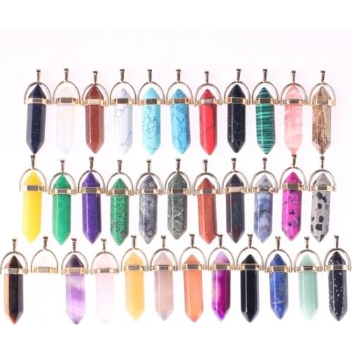 Wholesale 50pcs/lot Assorted Natural Stone Rosed Quartz Pendants Hexagonal Pointed Healing Reiki 7 Chakra Pendulum Free Shipping