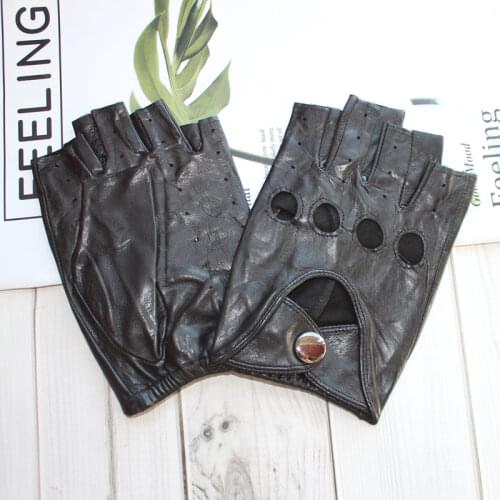 Men Fingerless Leather Gloves Half-Finger Spring And Autumn Fashion Black Hollow Button Style Riding Sports Driving Gloves