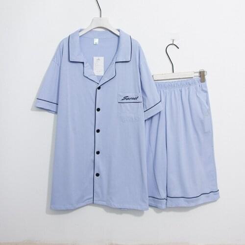 Blue Black Pajamas Man Pure Cotton Short Sleeves Shorts Suit 7XL Male Sleepwear Solid Comfortable cotton Home Clothes For Men