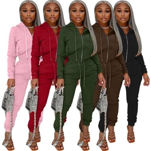 Casual Two Piece Set Fall Winter Women Solid Long Sleeve Hooded Pocket Zip Tops SweatShirt Sporty Pants Matching Sets Tracksuit
