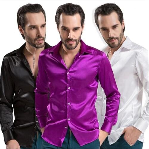 S-3xl Spring And Summer Mens Casual Long-sleeved Silk Shirt Solid Color Plus Size Thin Loose Silk Shirt Singer Clothing